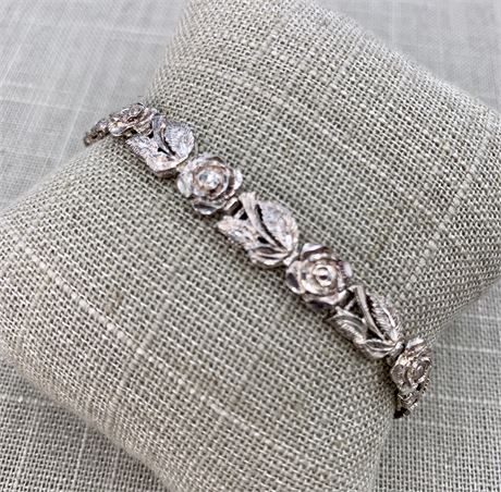 11.4 Gram Sterling Silver Garden Rose & Leaf Bracelet