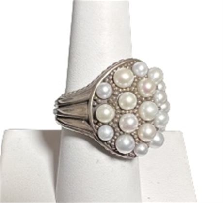 Pearls in Sterling Silver Ring SZ 8. Marked.