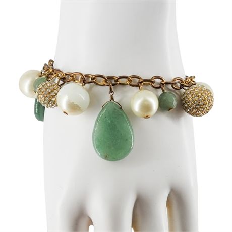 Vintage CAROLEE Green Aventurine, Faux Pearl, & Rhinestone Bracelet