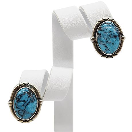 Vintage Native American Sterling Silver Turquoise Clip Earrings