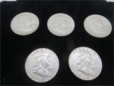 Five 1963 D Ben Franklin Half Silver Dollars