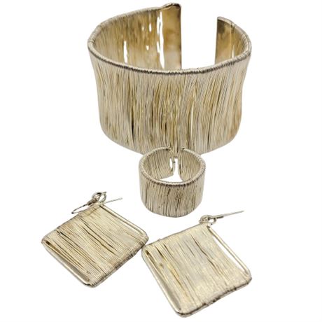 3pc Silver Tone Wire Set Bracelet, Ring and Dangle Earrings