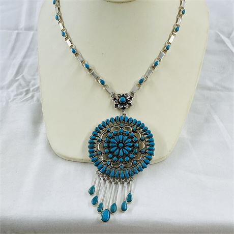 Exquisite 64g Needlepoint Dream Catcher Turquoise Sterling Necklace