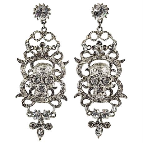 Large Gothic Silver Tone Rhinestone Skull Earrings