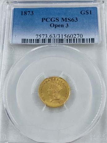 1873 $1 Gold Open 3 MS63 PCGS