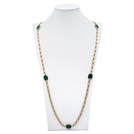 Vintage COROCRAFT Textured Link & Green Gem Satellite Necklace