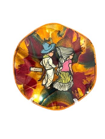 Vtg Mexican Reverse Foil Wavy Plate Wall Art - Boy and Girl