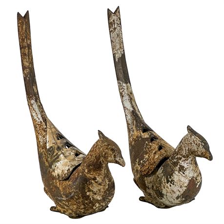 Pair of Vintage Japanese Cast Iron Koro Bird Incense Burners