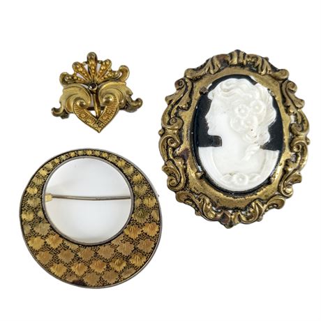 Brooch Lot - Cameo, Sacred Heart, Damascene Circle