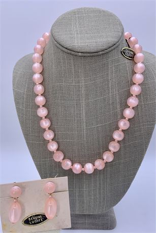 NOS Luminous Mid Century Pink Cat’s Eye Lucite Bead Necklace & Earring Set