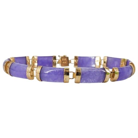 Vintage Signed 10K Gold & Lavender Jade Asian Bracelet