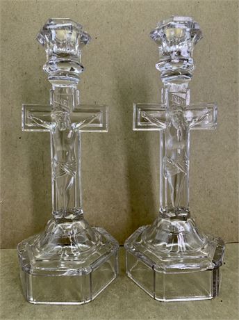 Pair of Vintage Catholic Crucifix Pressed Clear Glass Altar Candleholders