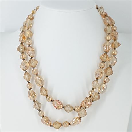 Vintage Double Strand Champagne Art Glass Bead Necklace — Sculptural Statement