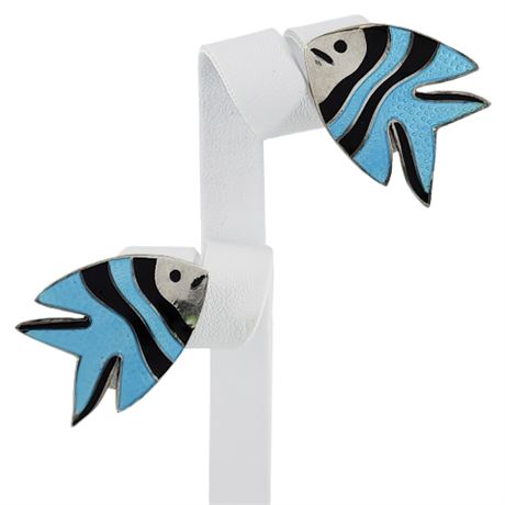 Vintage Mexico Sterling Silver Enamel Fish Screwback Earrings