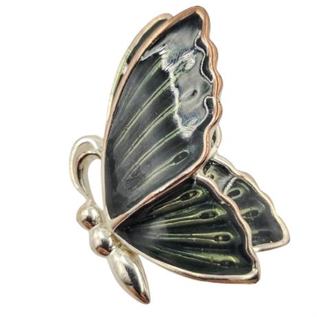 Vintage Silver Tone Green Enamel Butterfly Brooch