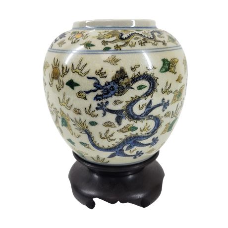 Vintage Hand-Painted Hong Kong Dragon Jar on Stand