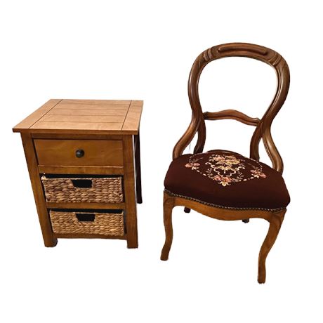 Victorian Mahogany Balloon Back Side Chair & Small Nightstand