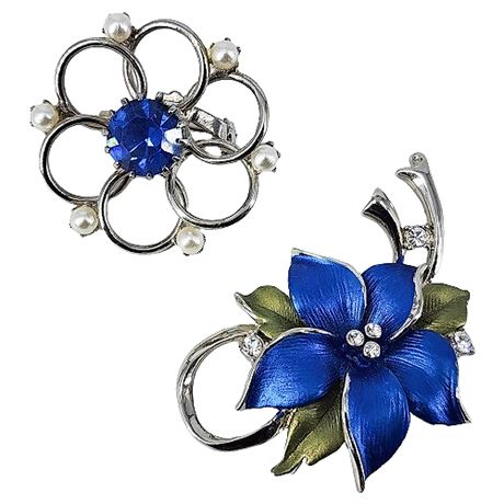 Pair Blue/Rhinestone Flower Brooches