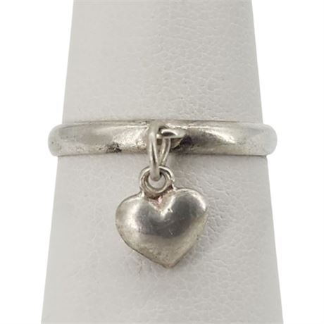Signed JC Sterling Silver Heart Charm Ring, Sz 5.5