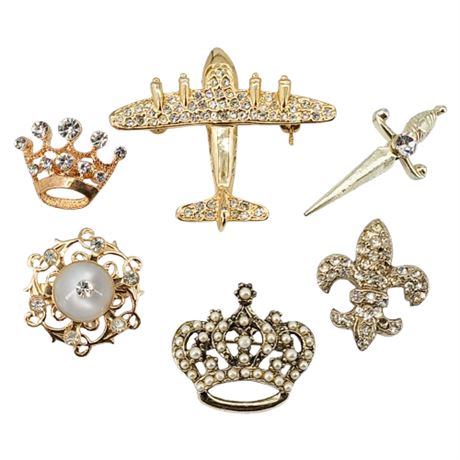 Six Vintage Gold Tone Rhinestone Brooches