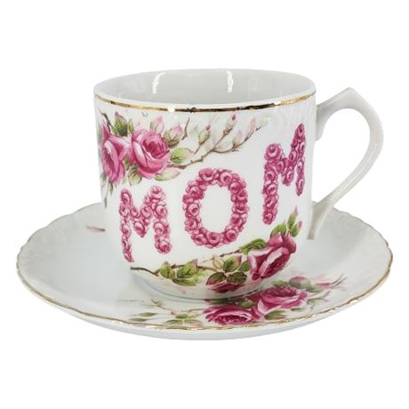 Lefton Porcelain "Mom" Roses Cup & Saucer