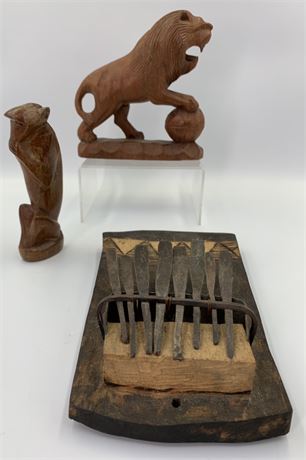 African Mbira Musical Instrument, Lion & Monkey Carvings