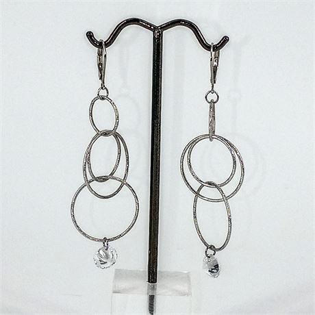 Silver-Tone Multi-Hoop Dangle Earrings with Faceted Crystal Drops – Leverback