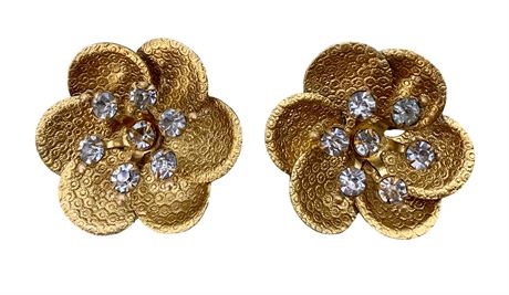 Pair Mid Century Gilded Satin Rhinestone Flower Dress Shoe Clips
