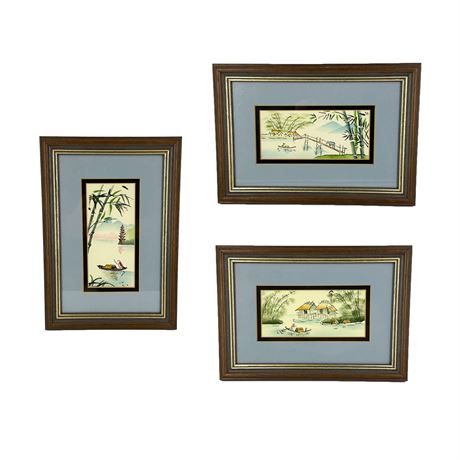 Trio of Vintage Japanese Watercolors on Silk