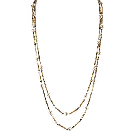 Vintage 57 Inch Art Deco Bar Chain & Faux Pearl Necklace