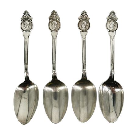 Lot of 4 Antique J. Cook Medallion Coin Silver Serving Spoons