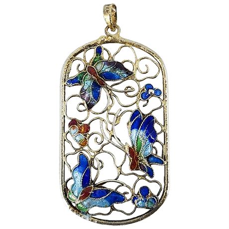 Vintage Gold Over Silver Cloisonné Butterflies Pendant