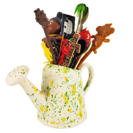 Vintage Ceramic Watering Can Full of Barware Swizzle Sticks