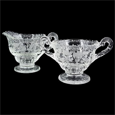 Vintage Cambridge Glass "Rose Point Clear" Individual Cream & Sugar