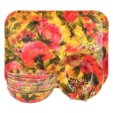 Vintage Floral Fiberglass Tray & Matching Bowls