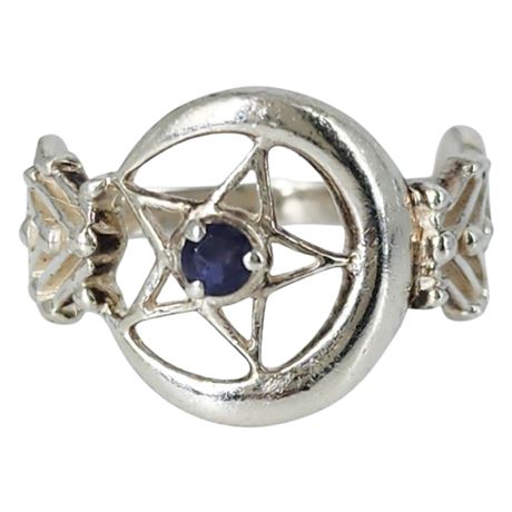 Sterling Silver Amethyst Crescent Moon Pentagram Witch Ring, Sz 8