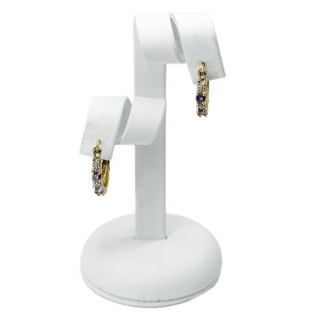 Gold Toned Sterling Silver Diamond & Amethyst Hoop Earrings