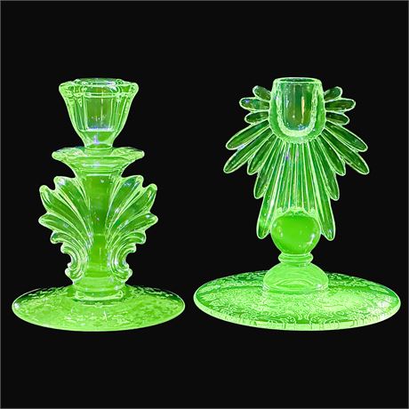 Two Vintage Etched UV Reactive Candlestick Holders