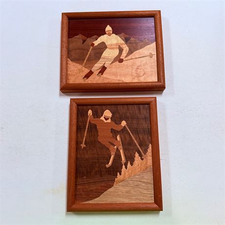 Vintage Wooden Inlaid Ski Art