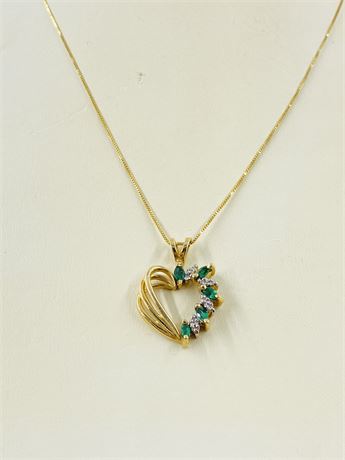 Vtg 4g 14k Gold Emerald + Diamond Necklace