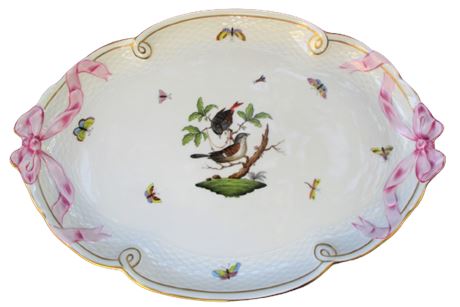 HEREND Porcelain "ROTHCHILD" 15 & 7/8" Oval Tray/Platter w/ Birds & Ribbon