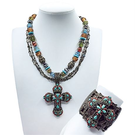 Signed Sweet Romance "Mayan Cross" Necklace & Cuff Bracelet Set