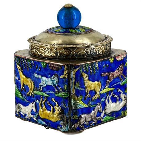 Antique Chinese Brass and Enamel Tea Caddy with Lid