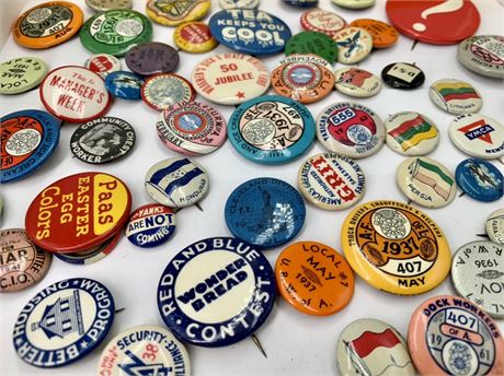 57 pc Vintage Union, Dairy, Newspaper, Bakery, Advertising, Pin Buttons