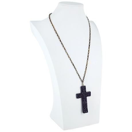 Vintage Carved Early Plastic Mourning Cross Pendant Necklace