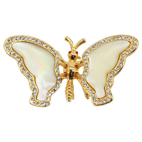 Vintage Mother of Pearl & Rhinestone Butterfly Trembler Brooch, NOS