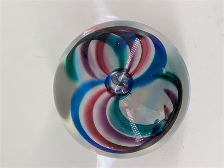 Signed Swirl Art Glass Paperweight Green, Red, Purple, Blue