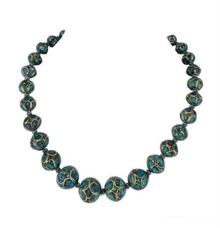 Vintage Patinated Bead Necklace & Earring Set – Cloisonné-Style – Teal & Brass