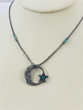 Vtg Navajo Sterling Moon + Star Necklace