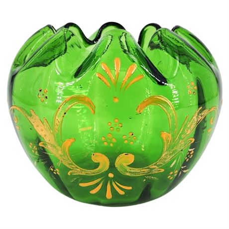 Vintage Bohemian Glass Hand Painted Green Crimped Rose Bowl